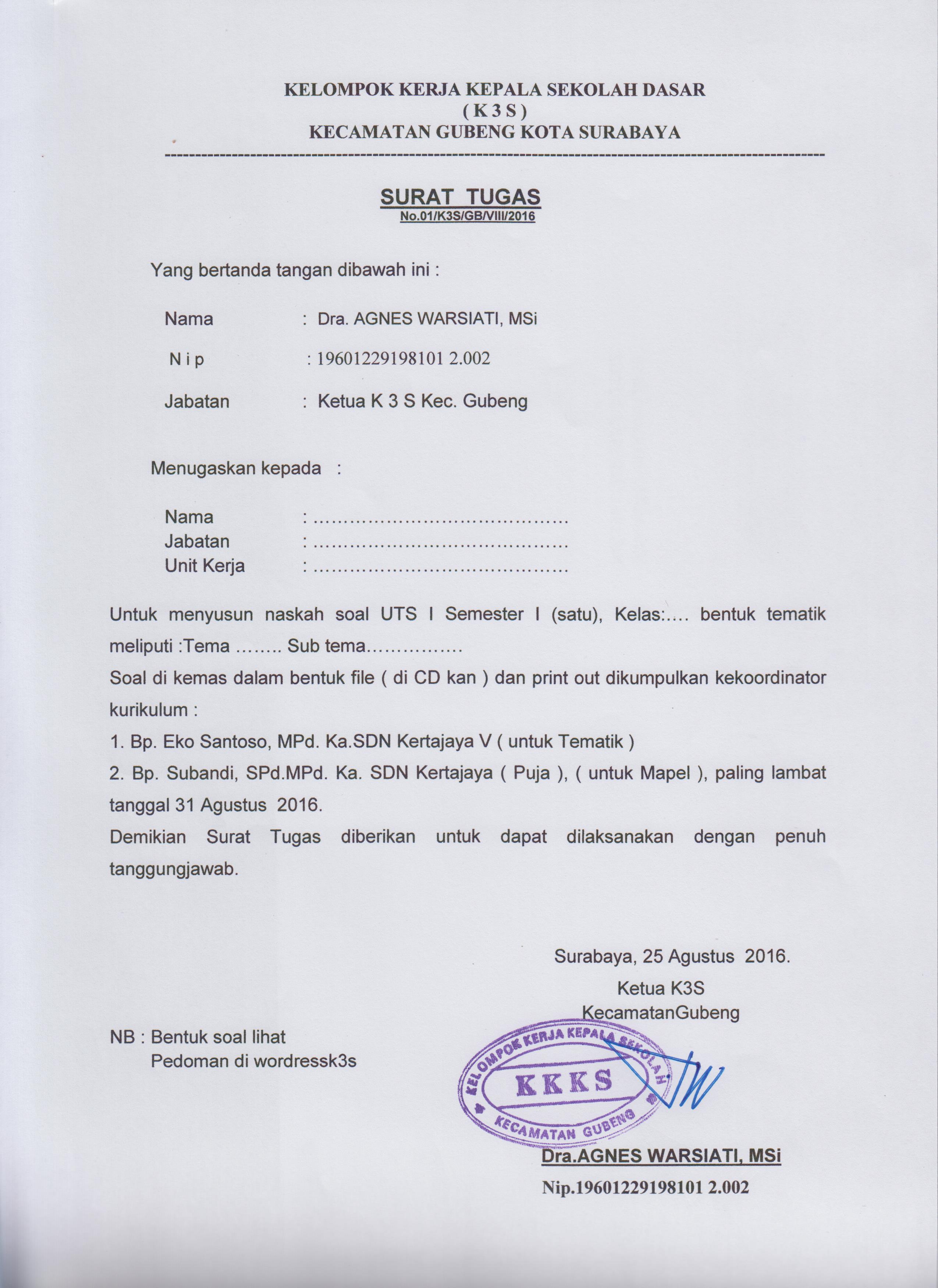 Surat Tugas Penyusunan Naskah Soal Uts 1 Semester 1 Kelompok Kerja Kepala Sekolah Kecamatan Gubeng